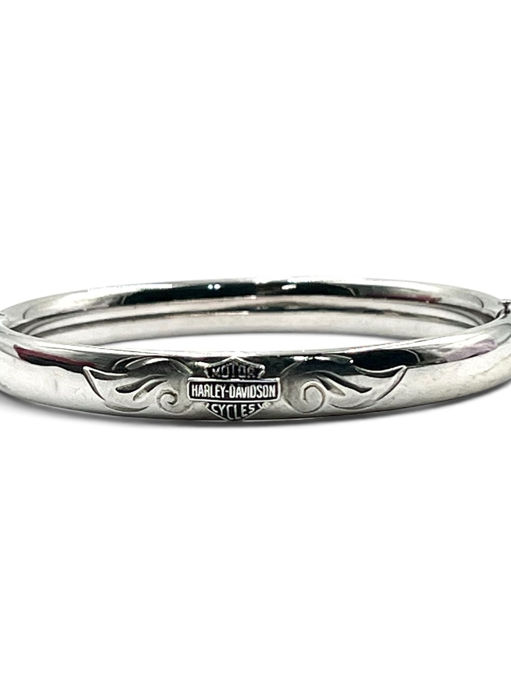 Vintage Harley Davidson Sterling Silver Winged Bar Shield Hinged Bangle Size M